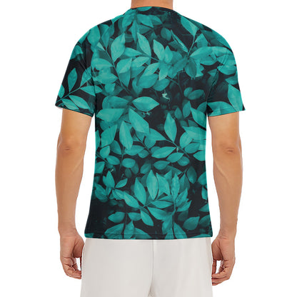 Turquoise Leaf Print Men's Short Sleeve Rash Guard