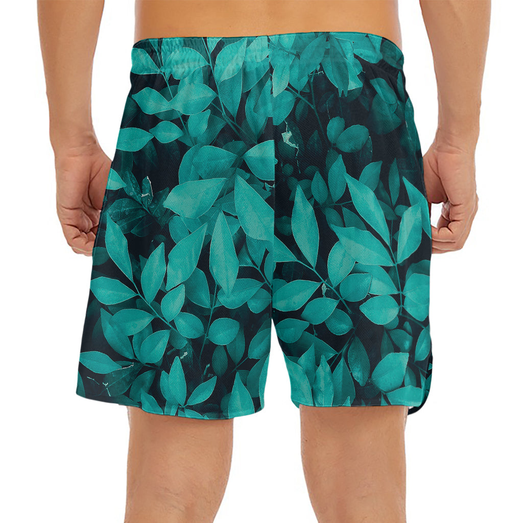 Turquoise Leaf Print Men's Split Running Shorts