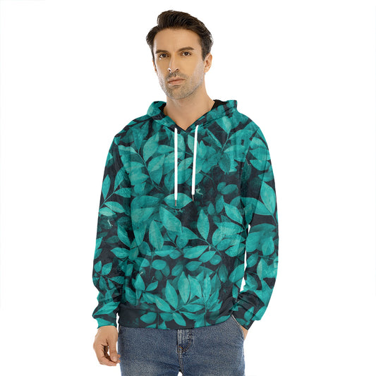 Turquoise Leaf Print Men's Velvet Pullover Hoodie