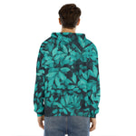 Turquoise Leaf Print Men's Velvet Pullover Hoodie