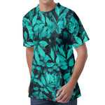 Turquoise Leaf Print Men's Velvet T-Shirt