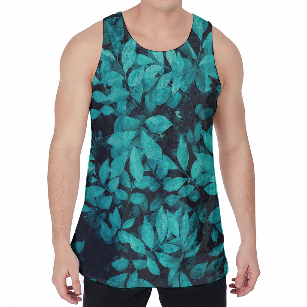 Turquoise Leaf Print Men's Velvet Tank Top