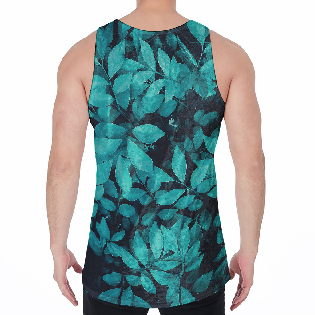 Turquoise Leaf Print Men's Velvet Tank Top