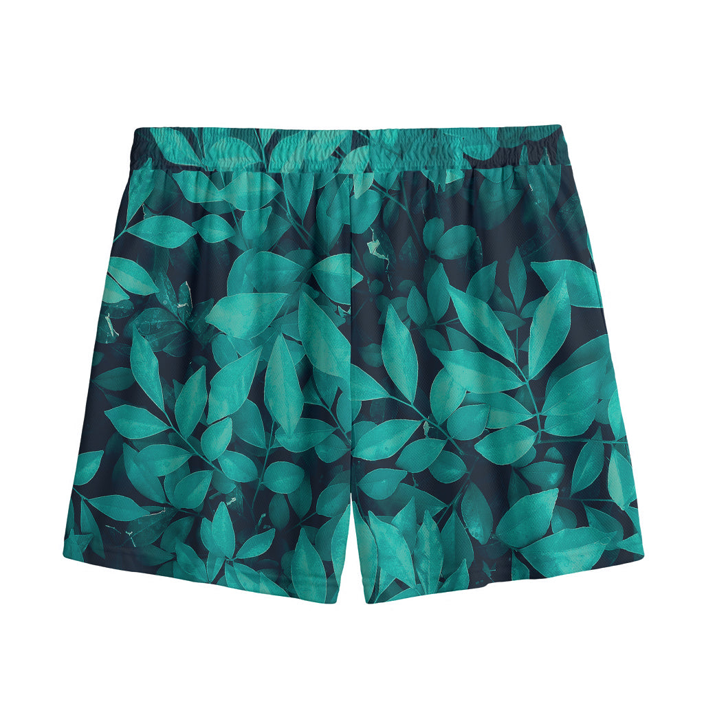Turquoise Leaf Print Mesh Shorts