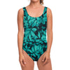 Turquoise Leaf Print One Piece Swimsuit