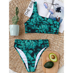 Turquoise Leaf Print One Shoulder Bikini Top