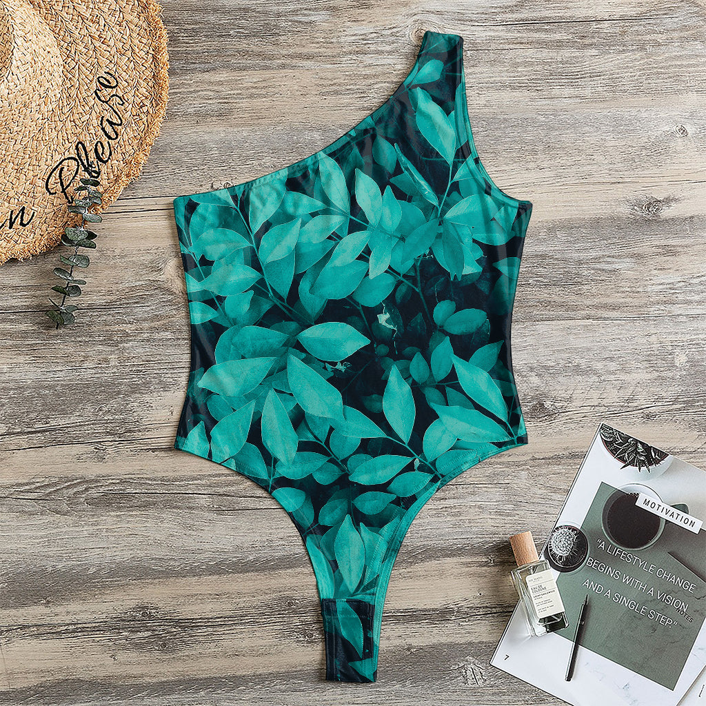 Turquoise Leaf Print One Shoulder Bodysuit
