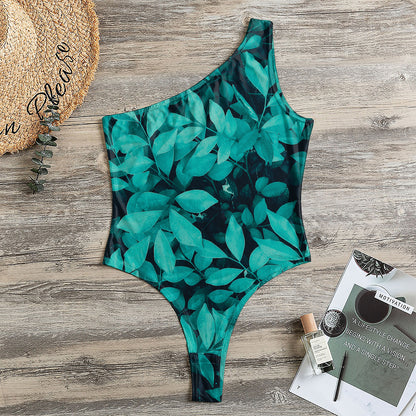 Turquoise Leaf Print One Shoulder Bodysuit