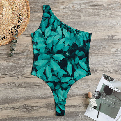 Turquoise Leaf Print One Shoulder Bodysuit
