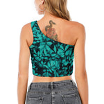 Turquoise Leaf Print One Shoulder Crop Top