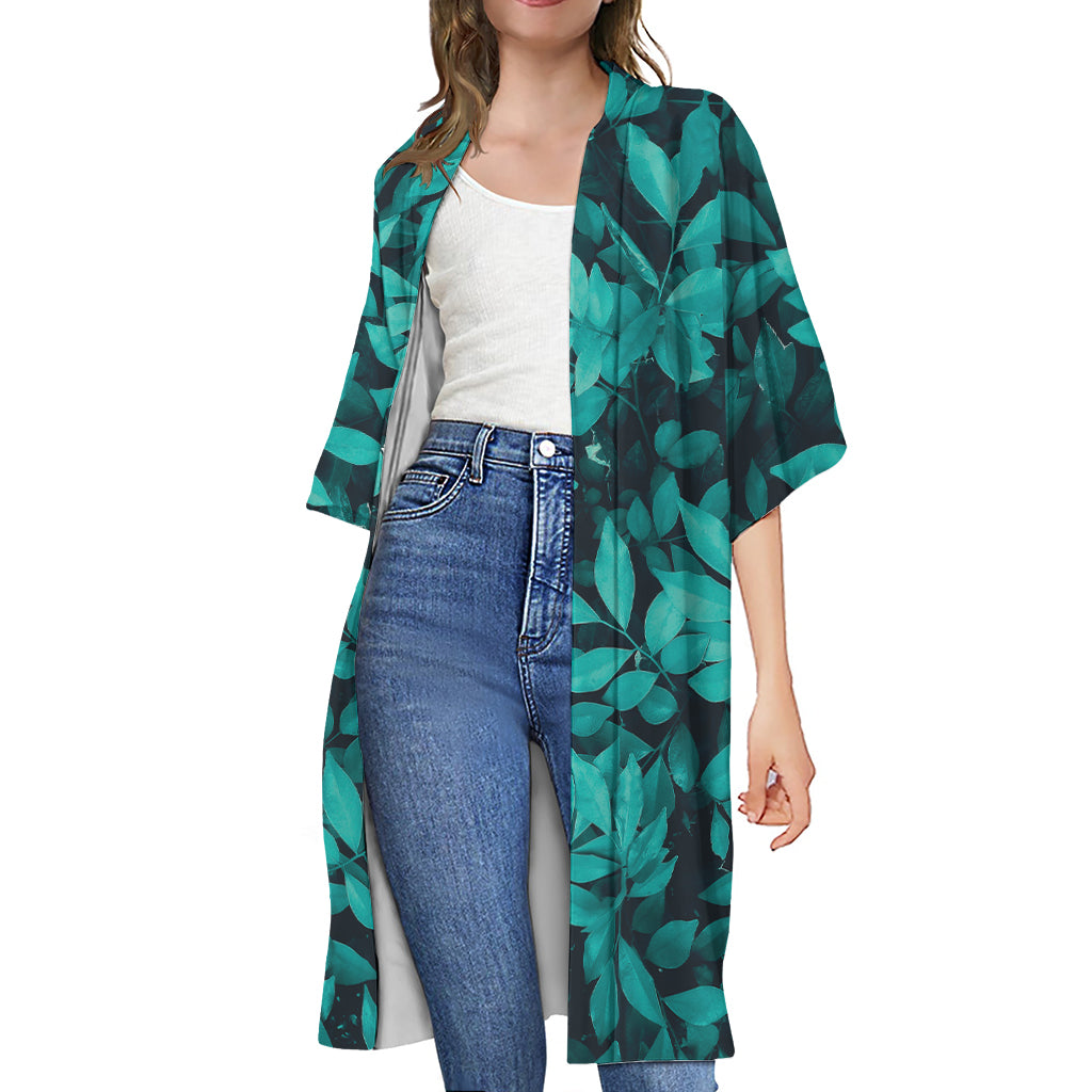 Turquoise Leaf Print Open Front Beach Cover Up