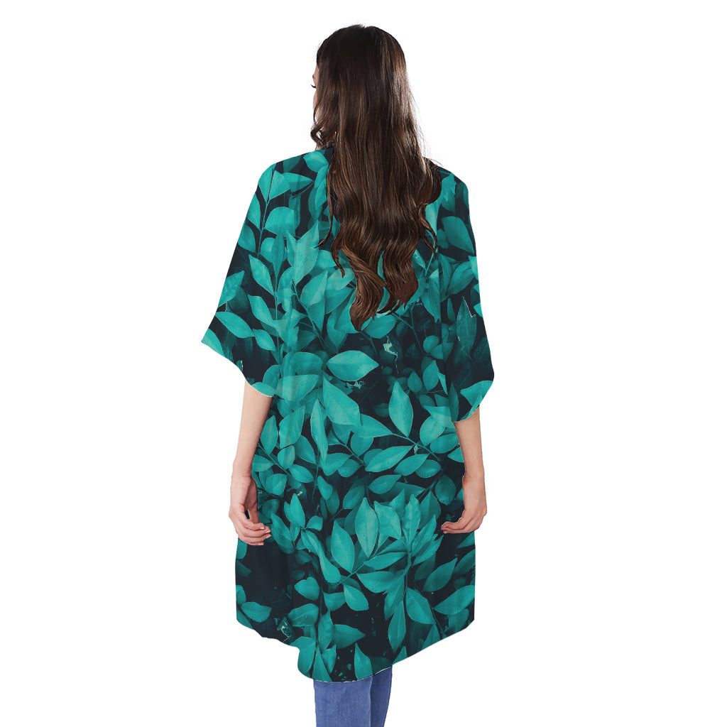 Turquoise Leaf Print Open Front Beach Cover Up
