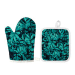 Turquoise Leaf Print Oven Mitt And Pot Holder Set