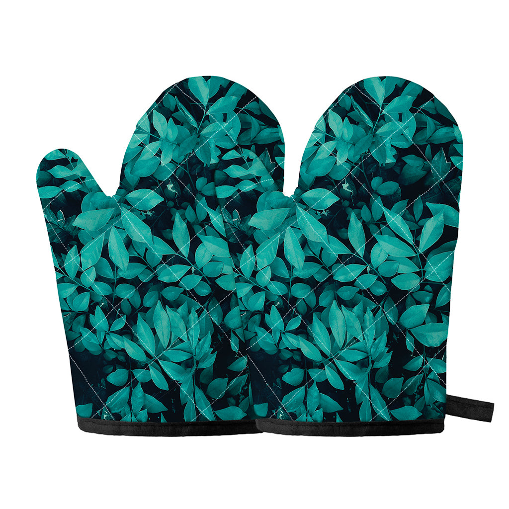 Turquoise Leaf Print Oven Mitts