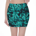 Turquoise Leaf Print Pencil Mini Skirt