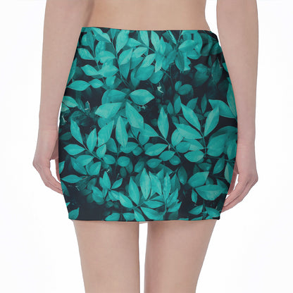 Turquoise Leaf Print Pencil Mini Skirt