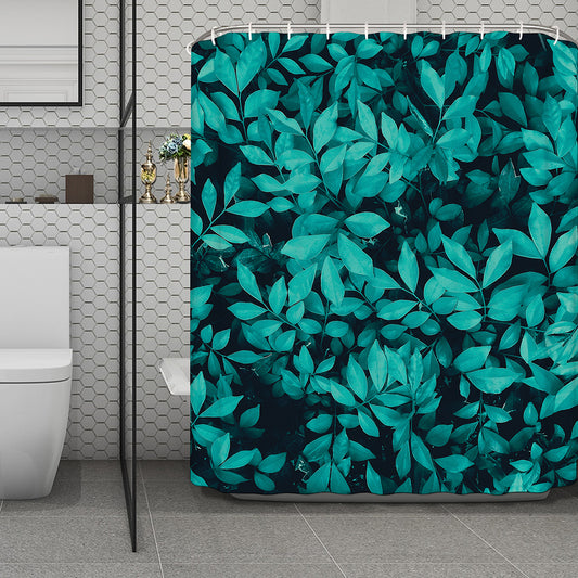 Turquoise Leaf Print Polyester Shower Curtain