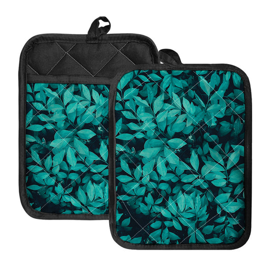 Turquoise Leaf Print Pot Holders With Pocket