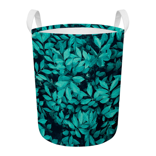 Turquoise Leaf Print Round Laundry Basket