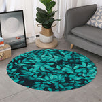 Turquoise Leaf Print Round Rug
