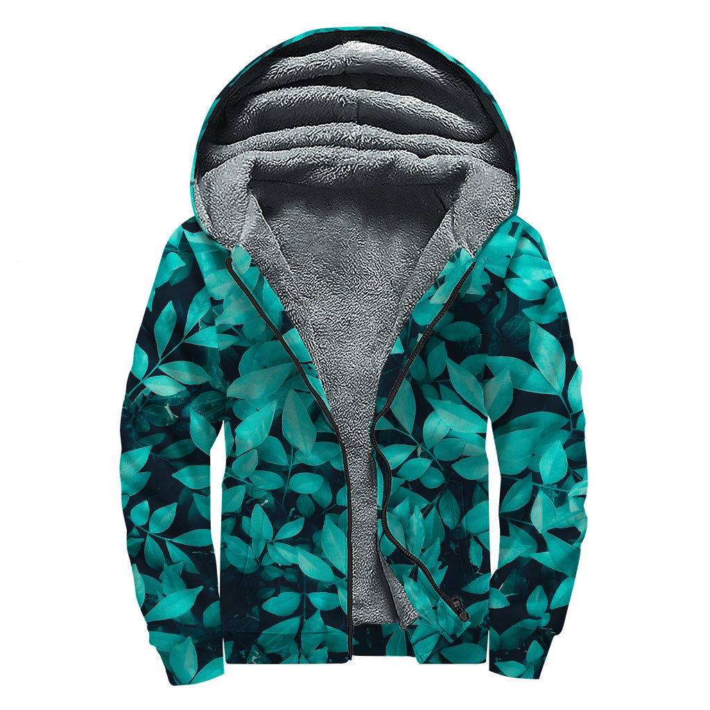 Turquoise Leaf Print Sherpa Lined Zip Up Hoodie
