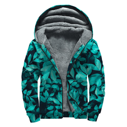 Turquoise Leaf Print Sherpa Lined Zip Up Hoodie
