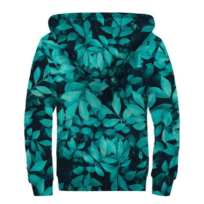 Turquoise Leaf Print Sherpa Lined Zip Up Hoodie