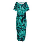Turquoise Leaf Print Short Sleeve Long Nightdress