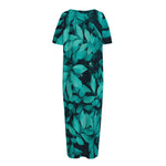 Turquoise Leaf Print Short Sleeve Long Nightdress