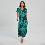 Turquoise Leaf Print Short Sleeve Maxi Dress
