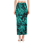 Turquoise Leaf Print Side Slit Maxi Skirt