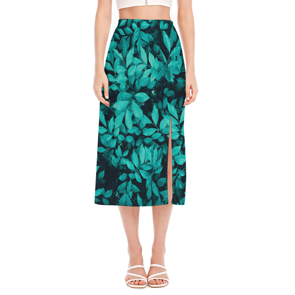 Turquoise Leaf Print Side Slit Midi Skirt