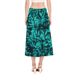 Turquoise Leaf Print Side Slit Midi Skirt