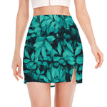 Turquoise Leaf Print Side Slit Mini Skirt