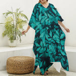 Turquoise Leaf Print Silk V-Neck Kaftan Dress