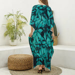 Turquoise Leaf Print Silk V-Neck Kaftan Dress