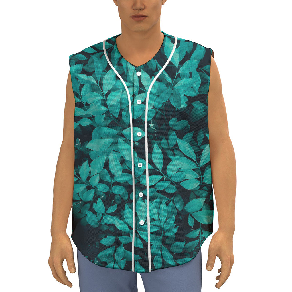 Turquoise Leaf Print Sleeveless Baseball Jersey