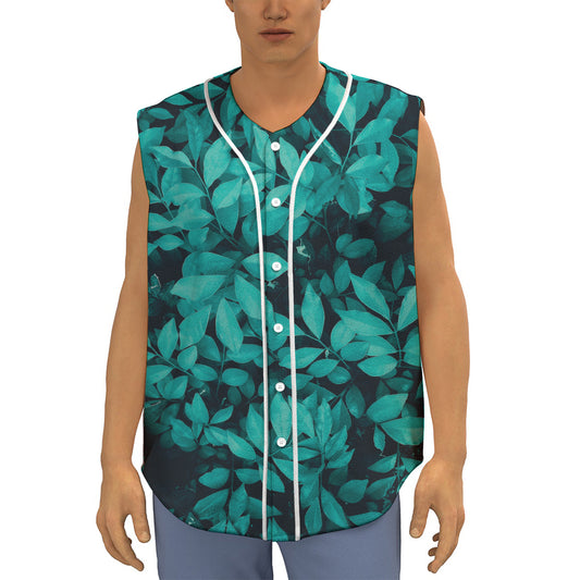 Turquoise Leaf Print Sleeveless Baseball Jersey