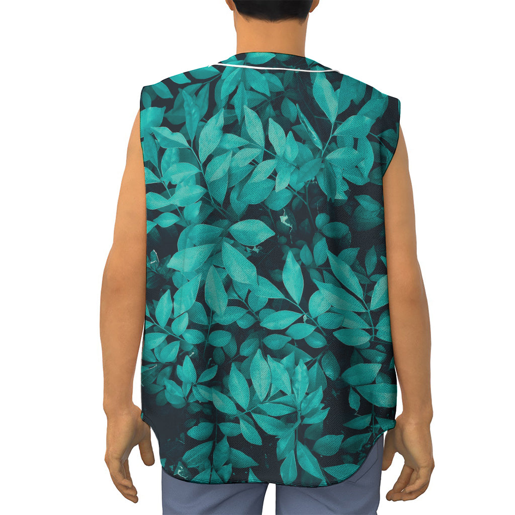 Turquoise Leaf Print Sleeveless Baseball Jersey