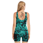 Turquoise Leaf Print Sleeveless One Piece Swimsuit