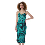 Turquoise Leaf Print Slim Fit Midi Cami Dress