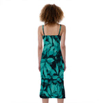 Turquoise Leaf Print Slim Fit Midi Cami Dress
