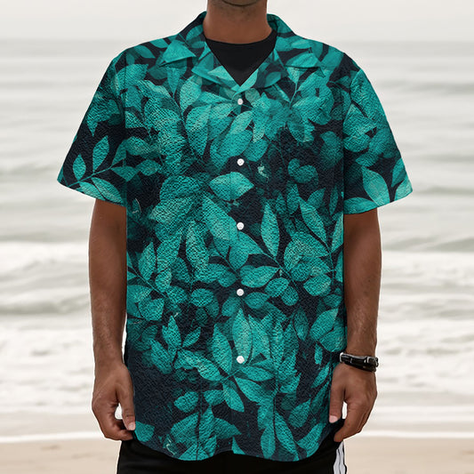 Turquoise Leaf Print Textured Short Sleeve Shirt