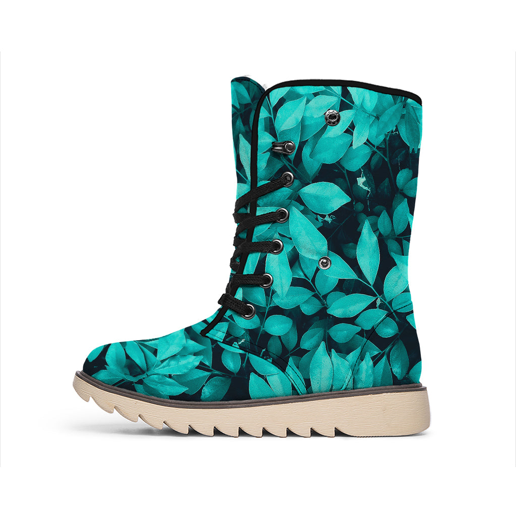 Turquoise Leaf Print Winter Boots