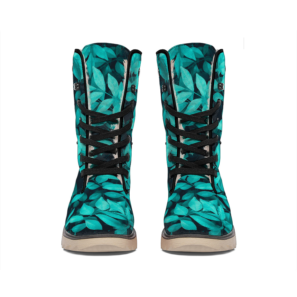 Turquoise Leaf Print Winter Boots