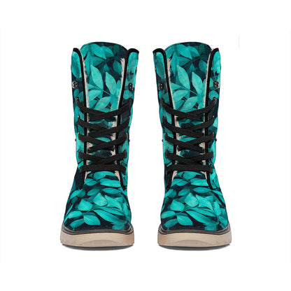 Turquoise Leaf Print Winter Boots