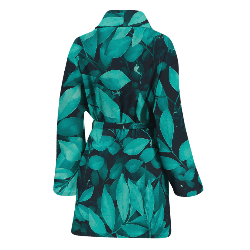 Turquoise Leaf Print Women's Bathrobe