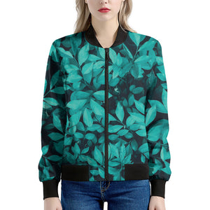 Turquoise Leaf Print Women's Bomber Jacket