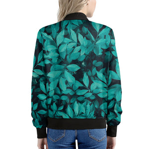 Turquoise Leaf Print Women's Bomber Jacket