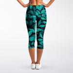 Turquoise Leaf Print Women's Capri Leggings